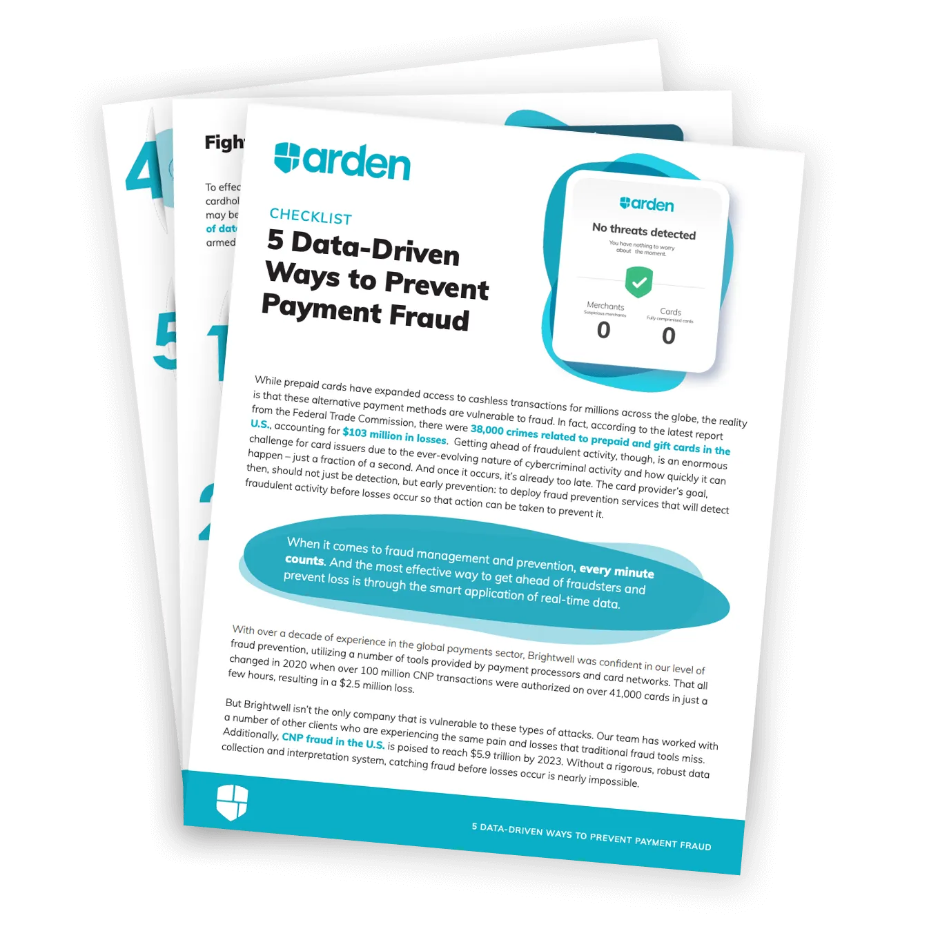 Three sheets of paper with the text 3 data driven ways to prevent payment fraud.