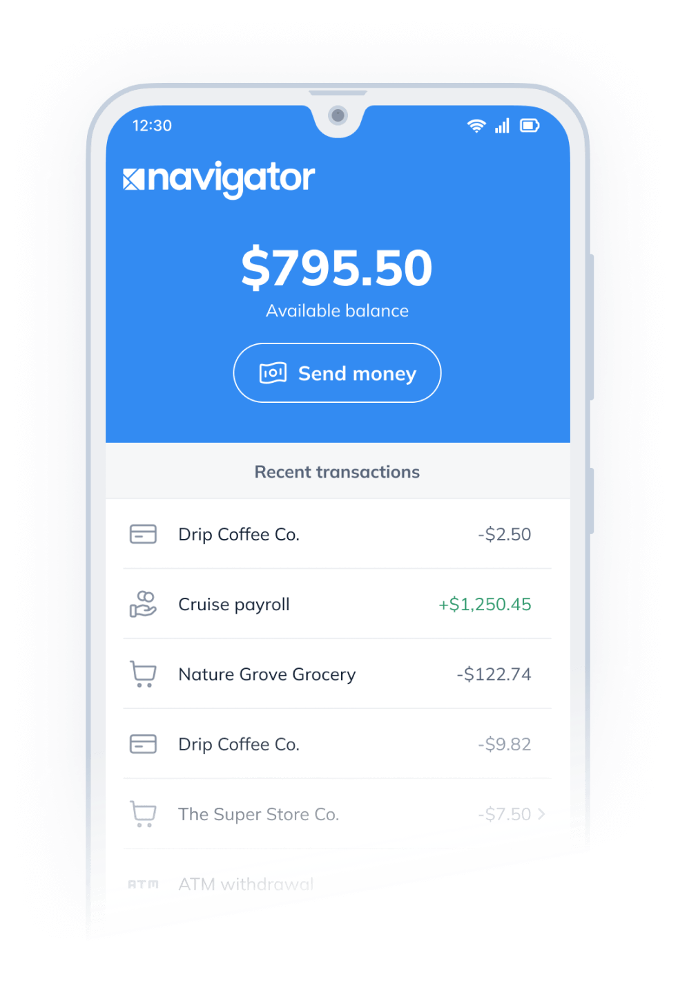 mobile phone showing Navigator screen with recent transactions