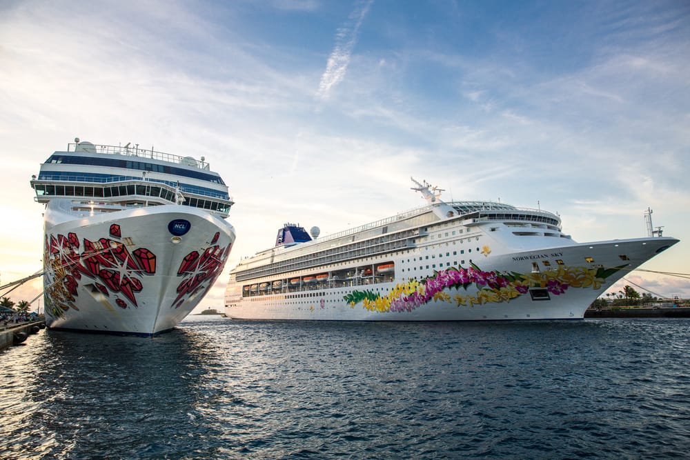Two white Norwegian Cruise Line ships with floral designs painted on the sides dock next to each other in the ocean. NCL leverages Brightwell's global payroll solution, Navigator, to meet the needs of 16,000+ global workers across its fleet.