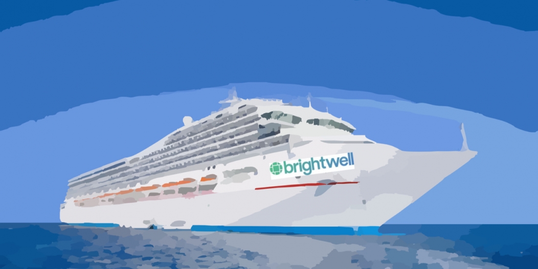 In a minimalistic design, a white cruise ship with the Brightwell logo sails across a blue sea and sky. This is representative of Brightwell's global payroll solution, Navigator, that serves the maritime industry so cruise workers can receive payments in their local currency.