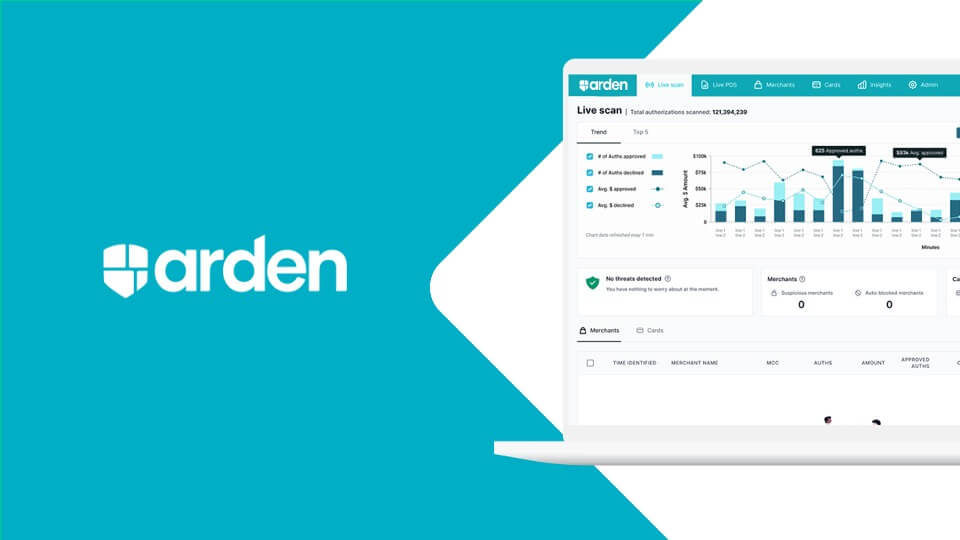 An image showing the home page of Arden, a fraud detection platform that monitors malicious patterns in card transactions at the merchant-level and displays card data in real-time to keep your business safe.