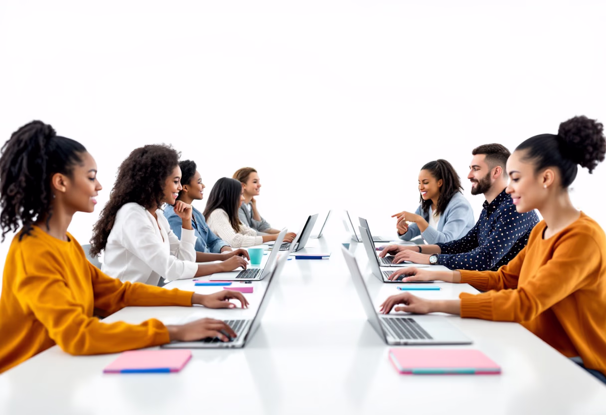 image of a team brainstorming around a digital whiteboard