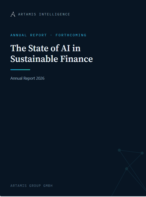 Cover of 2026 annual report titled The State of AI in Sustainable Finance by Artamis Intelligence.