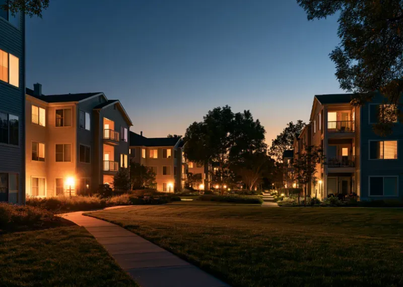Garden-style apartment community with lit pathways at dusk