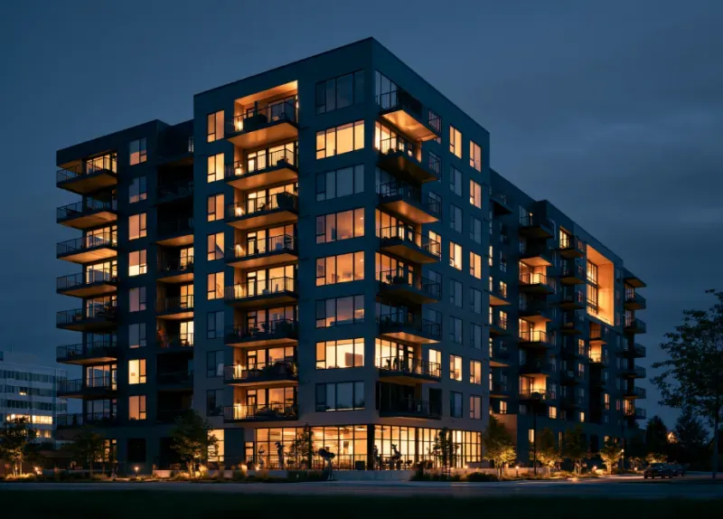 Modern mid-rise multifamily building glowing at dusk