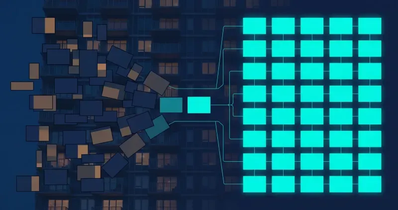 Illustration of chaotic property data flowing into an ordered standardized grid