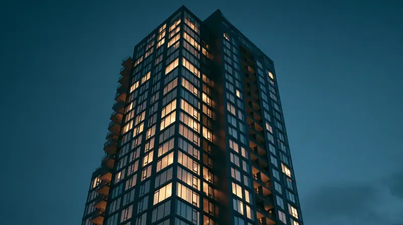 Contemporary multifamily tower at blue hour