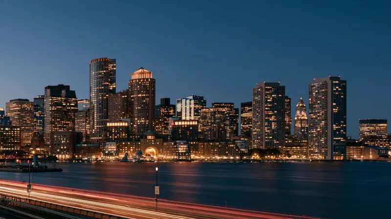 City skyline at dusk dominated by residential towers