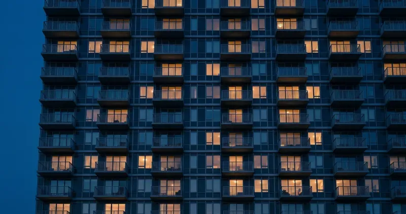 Rhythmic grid of apartment balconies and lit windows at dusk