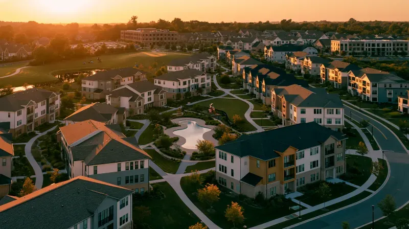 Aerial view of a garden-style apartment community