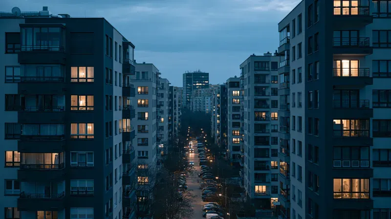 City avenue lined with apartment buildings at dusk