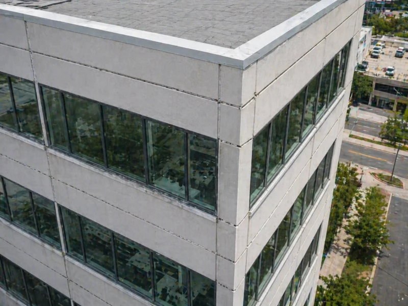 Corner view of a modern office building with large tinted windows and outdoor surrounding streets.