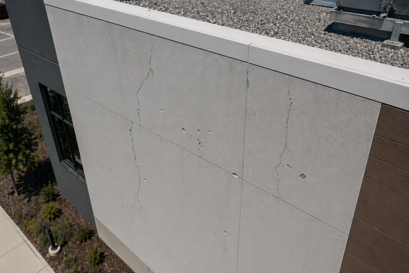 Close-up of an exterior building wall with visible cracks and surface damage in the concrete.