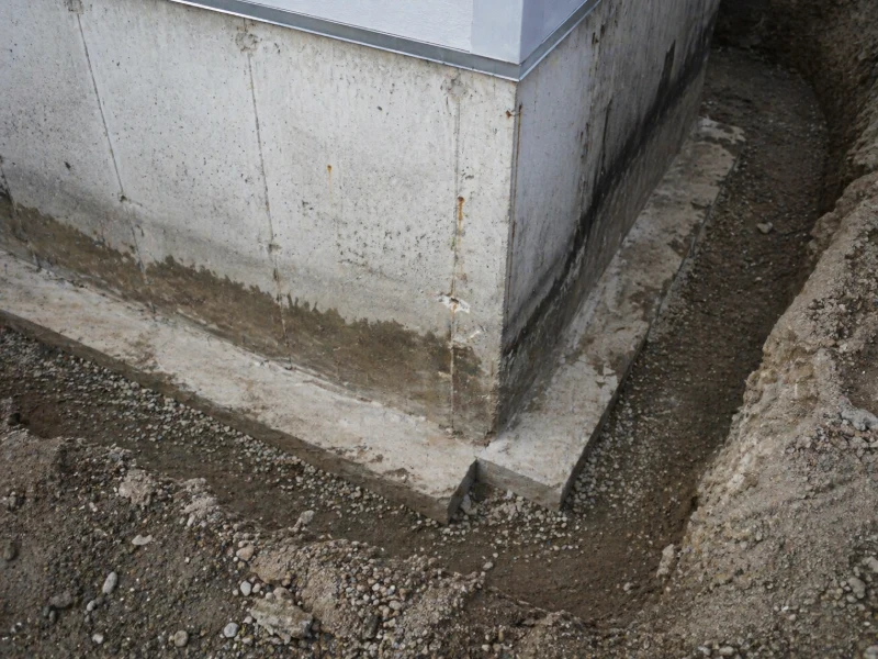 Concrete house foundation with gravel-filled trench around the base in a construction site.