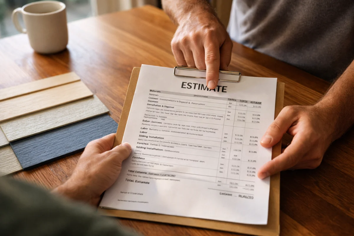 Contractor presenting a siding installation estimate on a clipboard with material samples on the table