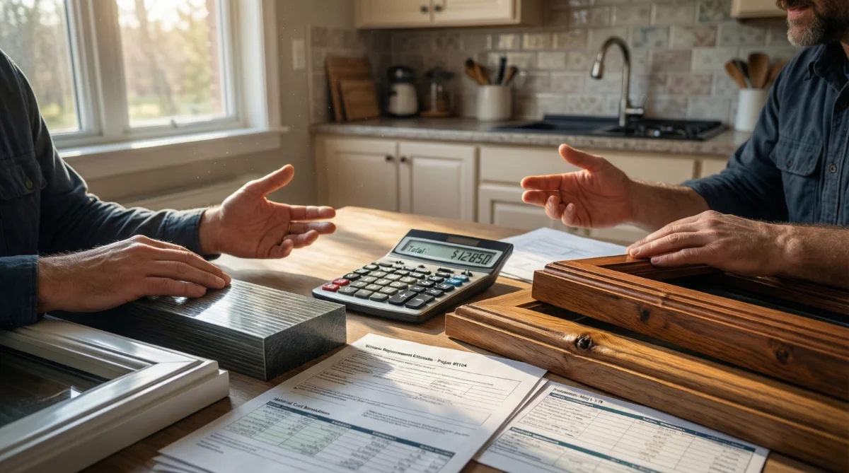 Homeowner and contractor discussing project costs with calculator and material samples on kitchen table