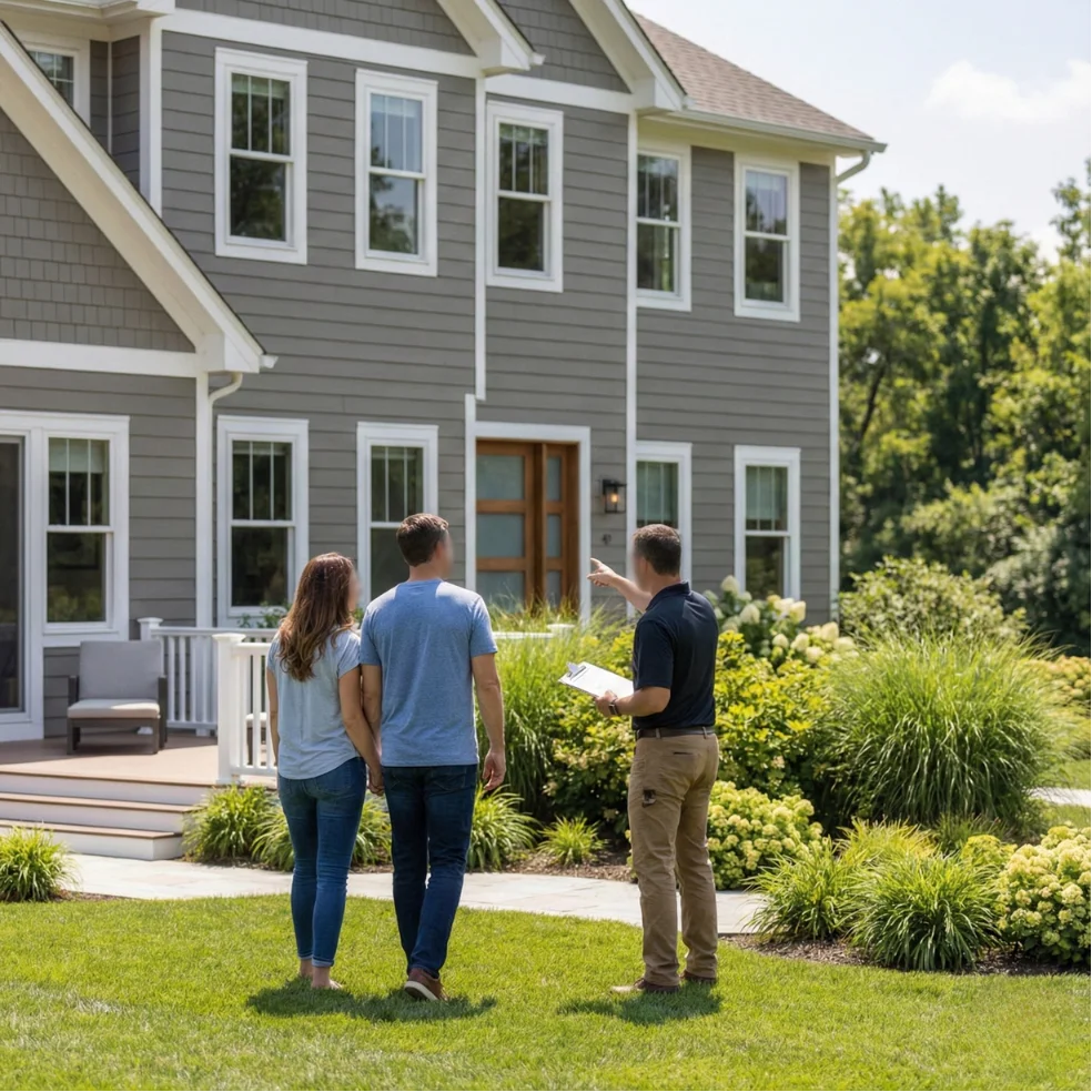 Contractor with clipboard showing homeowners the exterior of their gray siding home