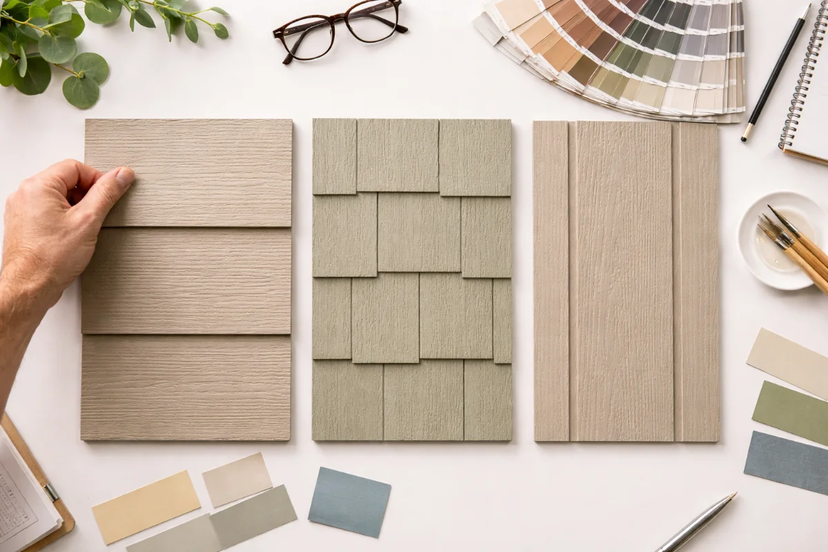 Siding material samples and color swatches laid out on a desk for selection