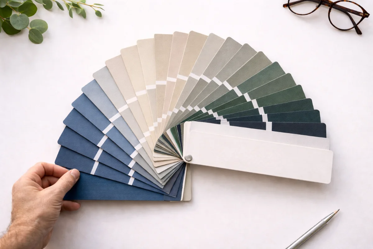 Hand holding a fan of siding color samples in blues, grays, and greens