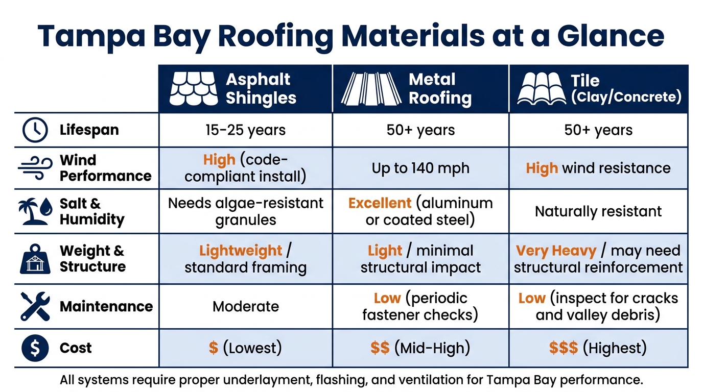 Tampa Bay Roofing Materials Compared: Asphalt vs Metal vs Tile