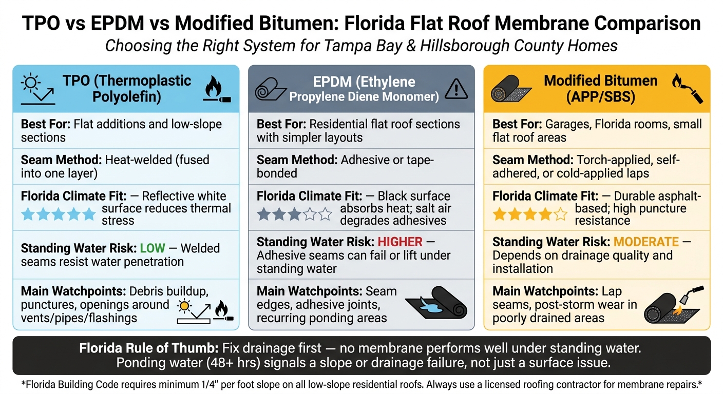 TPO vs EPDM vs Modified Bitumen: Florida Flat Roof Membrane Comparison