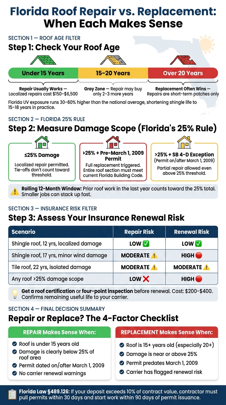 Florida Roof Repair vs. Replacement: Decision Guide by Age, Damage & Insurance
