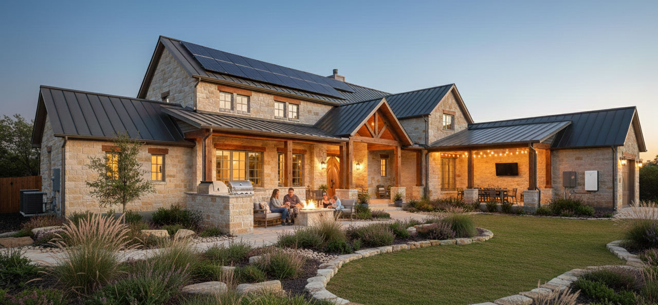 Stone house with metal roof and solar panels, outdoor seating around a fire pit, and string lights on covered patio at dusk.