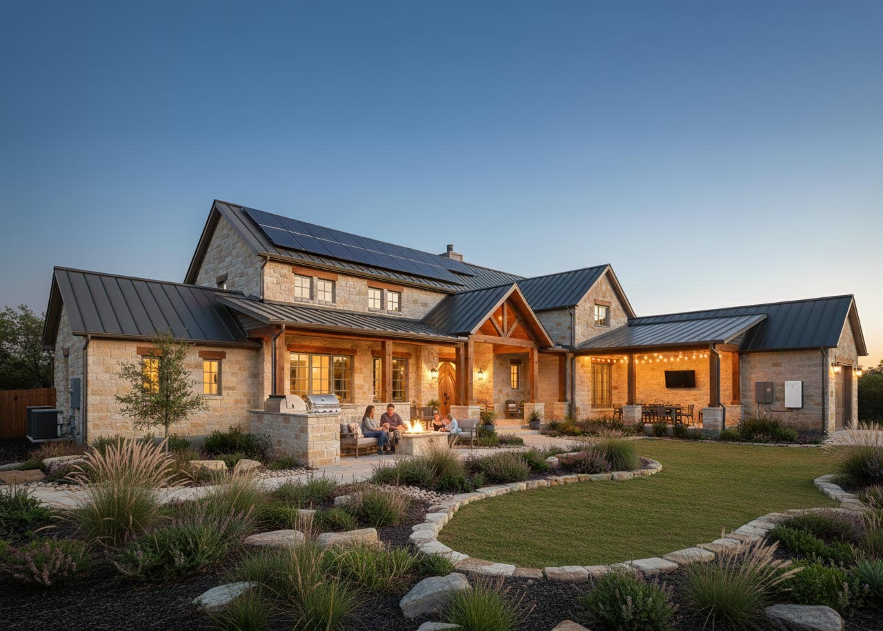 Modern stone house with metal roof and solar panels, outdoor seating around a fire pit, and a well-maintained garden at dusk.