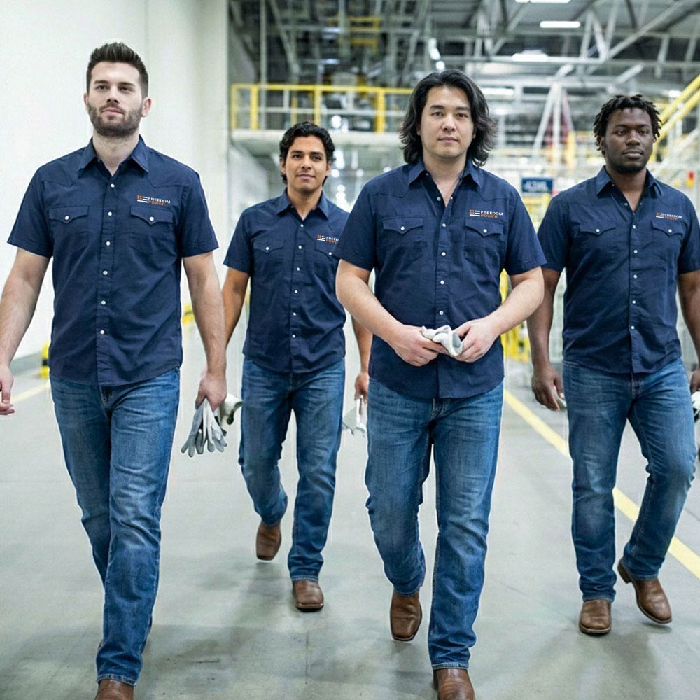 Four diverse factory workers wearing navy shirts and jeans walking confidently down an industrial corridor.