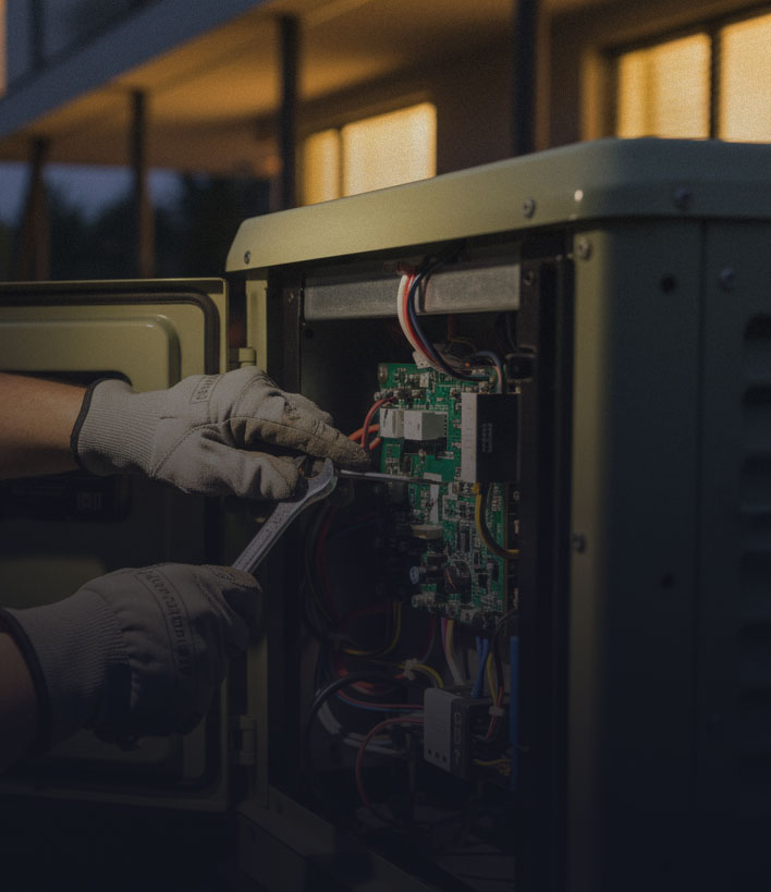 Person wearing gloves using a wrench to repair or adjust electrical components inside an open control panel at dusk.