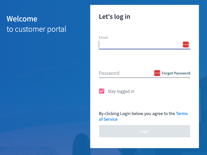 Login screen for customer portal with fields for email and password, a 'Stay logged in' checkbox, and a 'Forgot Password' link.