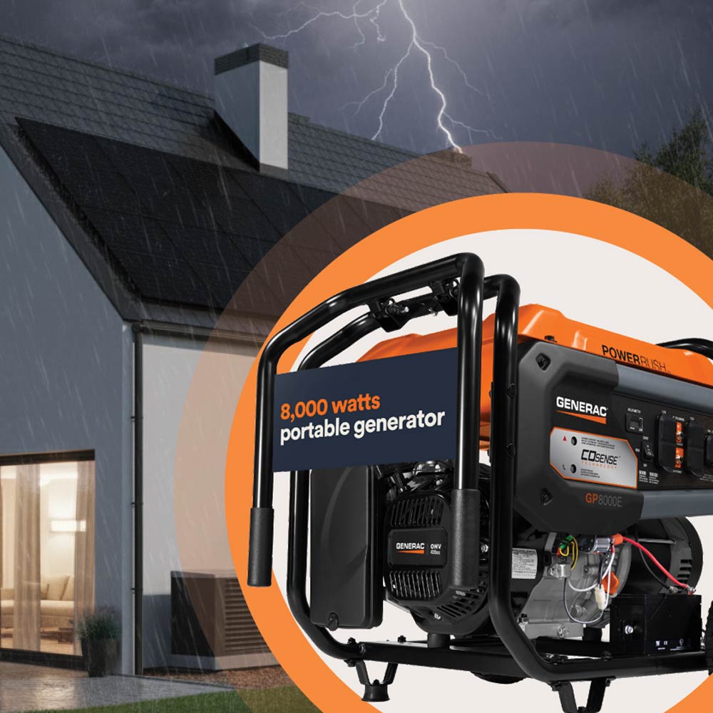 8,000 watts portable Generac generator in front of a modern house with solar panels and lightning in a rainy storm.