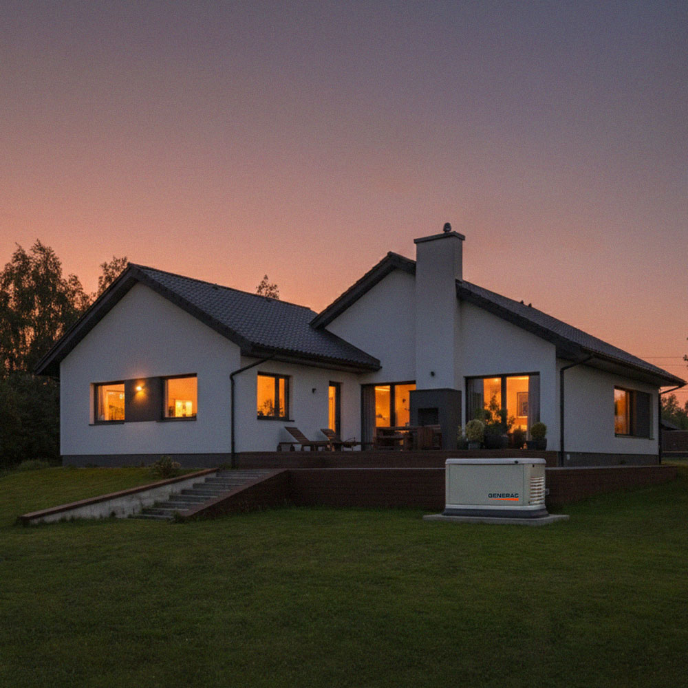 Modern white house at dusk with warm interior lights and a Generac backup generator on the lawn.