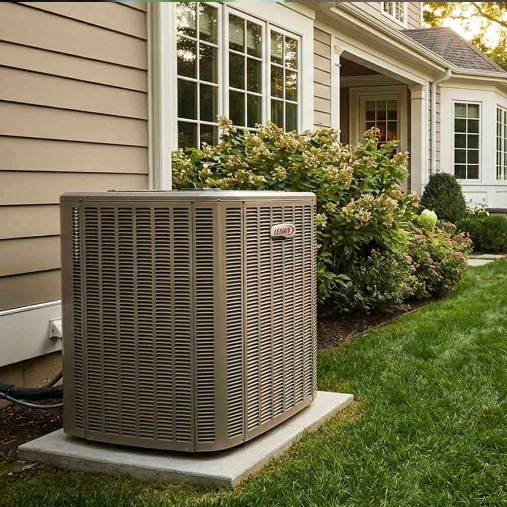 Outdoor Lennox air conditioning unit installed on a concrete slab beside a house with beige siding and a garden with bushes.