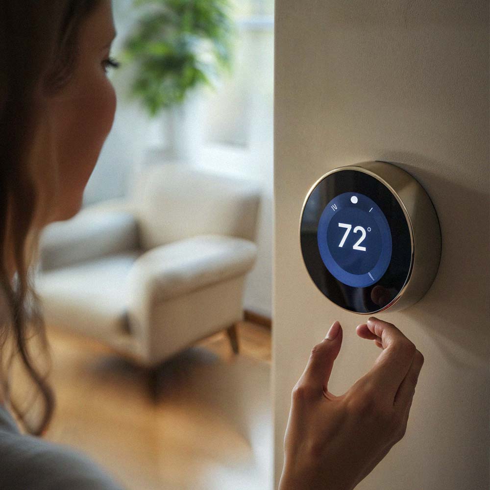 Person adjusting a round smart thermostat set to 72 degrees on a beige wall.