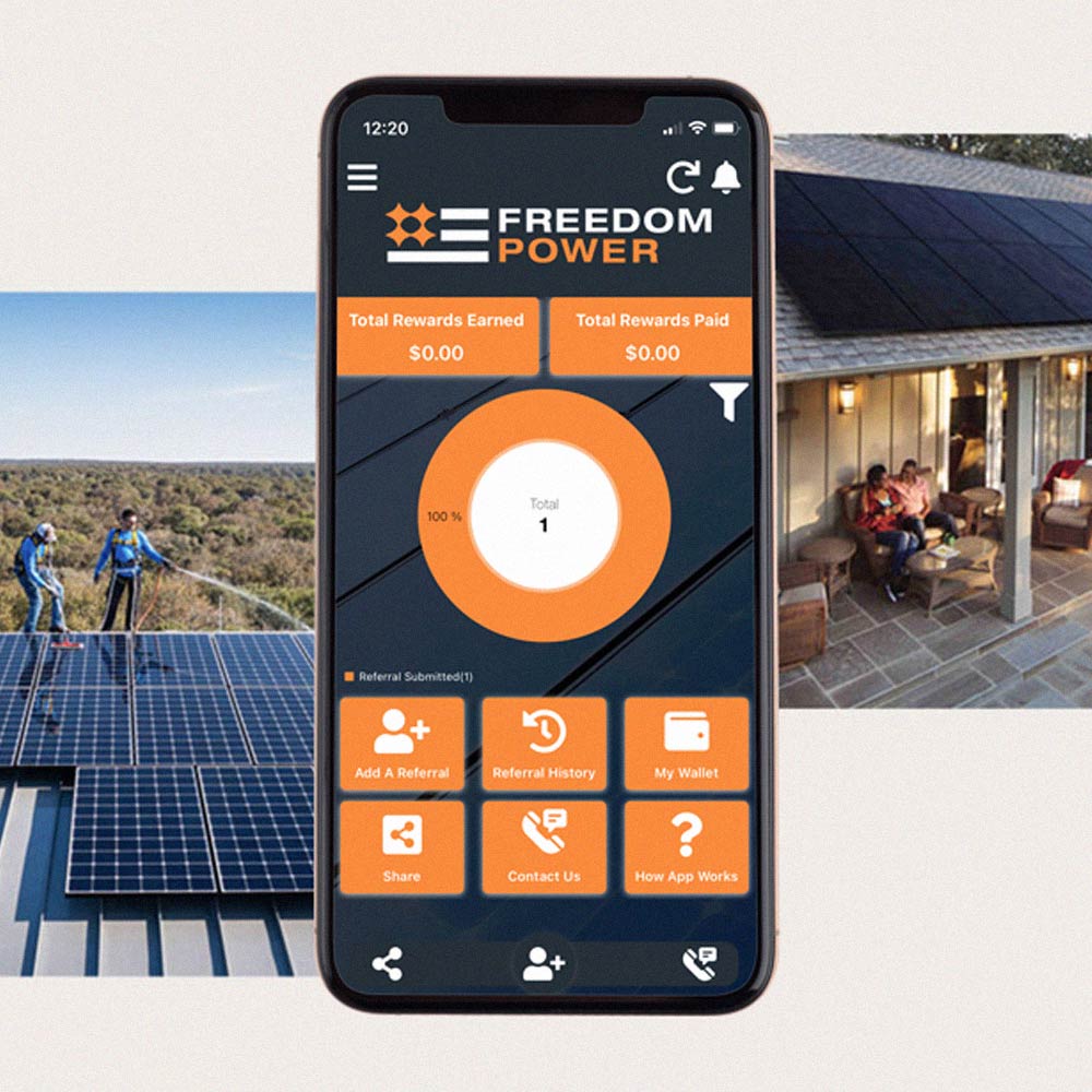 Collage image of freedom power solar installers on a roof and homeowners with solar on their roof enjoying coffee. The center element of the image is an enlarge iphone showcasing the Freedom Power app.