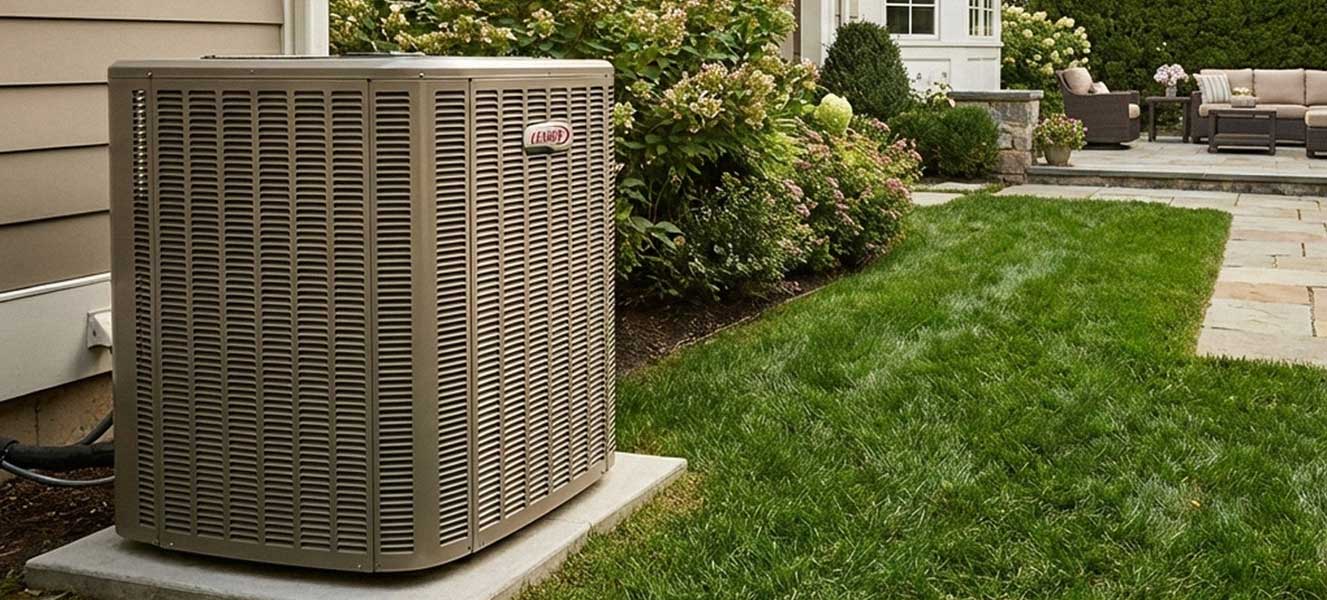 Lennox signature series heating and cooling system along the side of a home
