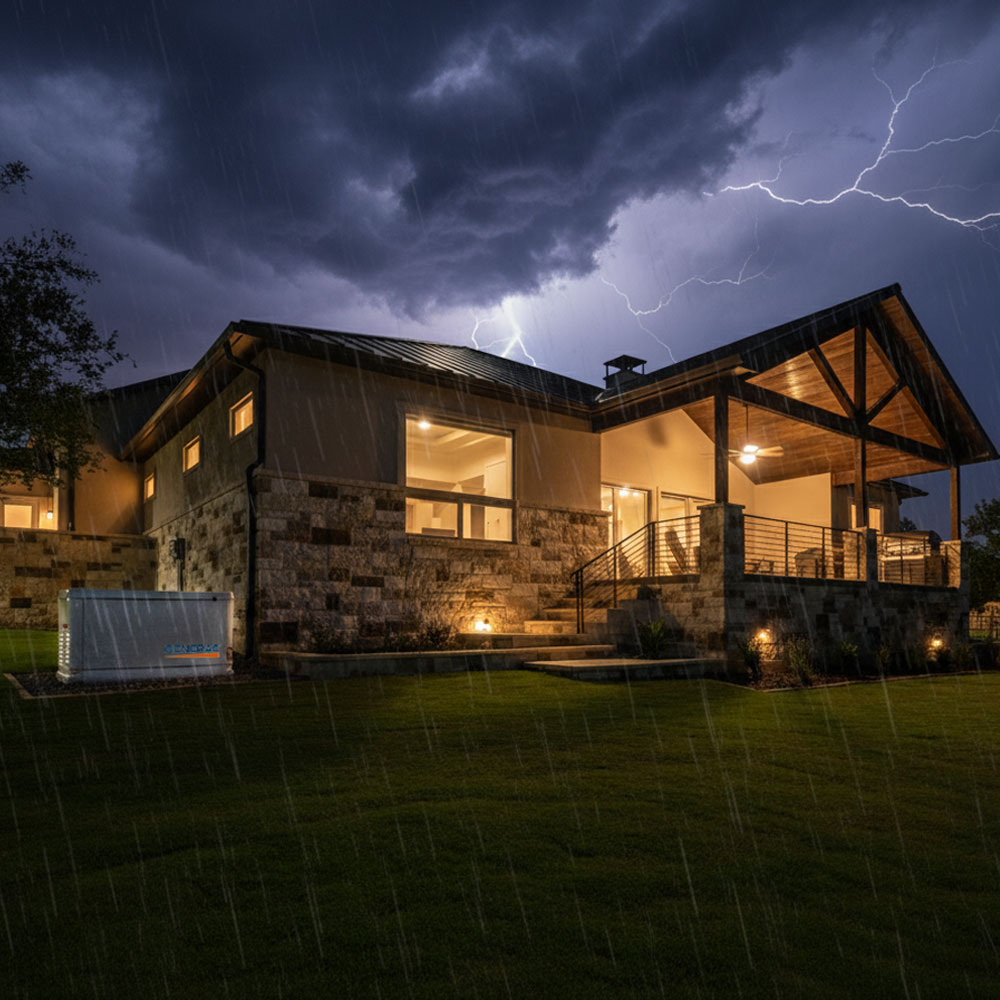Generac whole home generator powering a home during a storm. The home is well lit with a thunderstorm in the background.
