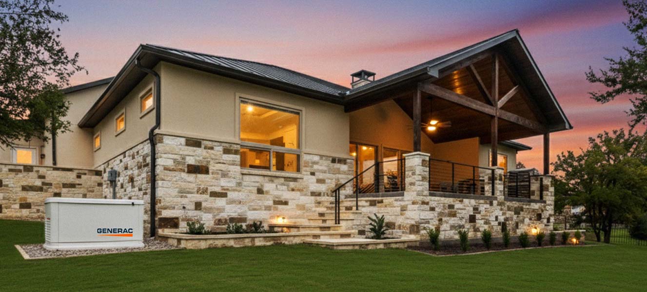 Generac generator with a powered home during sunrise
