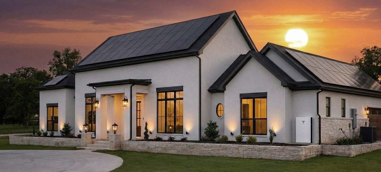 Modern white house with solar panels on the roof at sunset with warm interior lights and a Tesla Powerwall on the side.