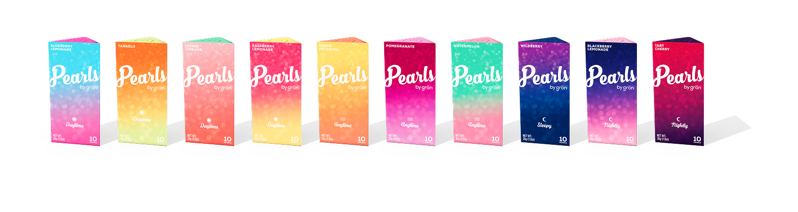 Row of ten colorful Pearls by grön product boxes in flavors: Blueberry Lemonade, Tangelo, Lychee Limeade, Raspberry Lemonade, Peach Prosecco, Pomegranate, Watermelon, Wildberry, Blackberry Lemonade, and Tart Cherry.
