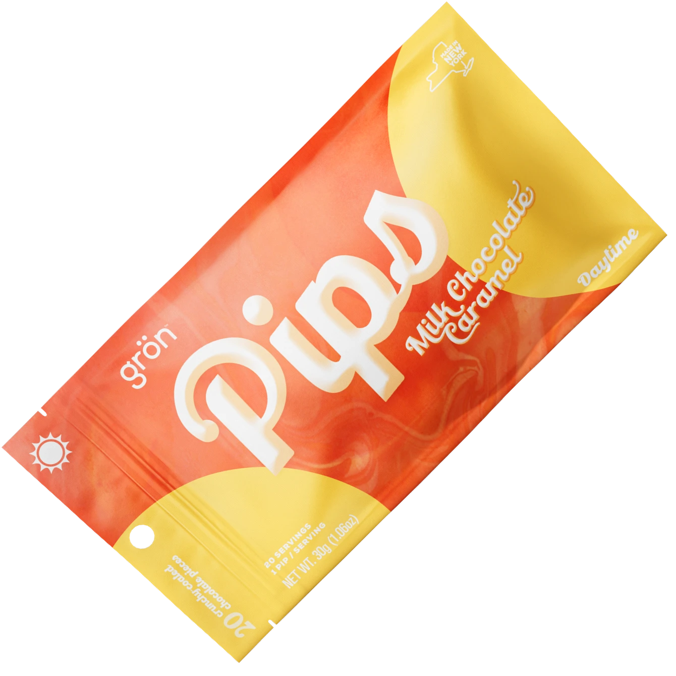 Pipd Milk Chocolate Caramel edible cannabis chocolate pieces in orange and yellow packaging with 20 pieces and 300g net weight.