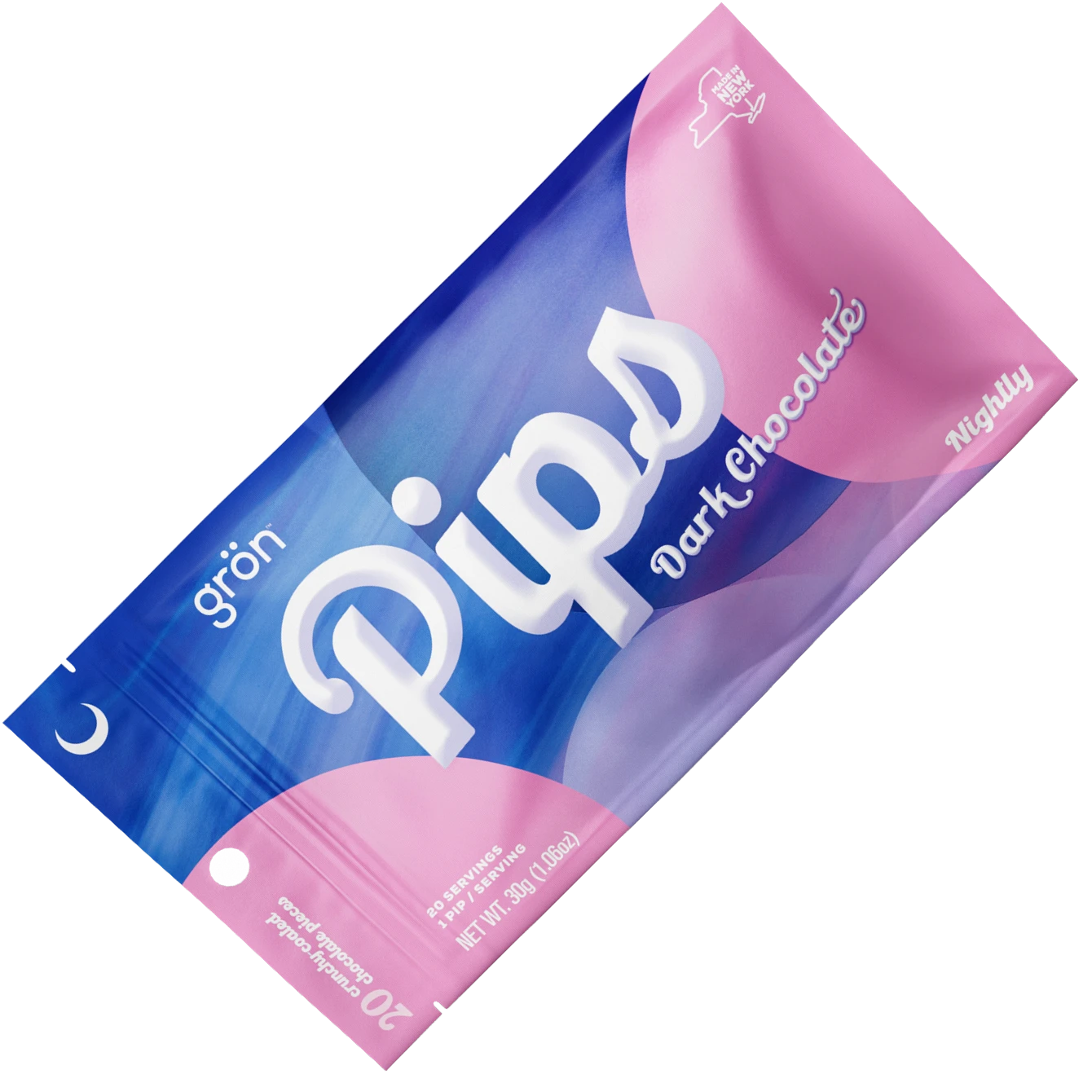 Grön Pipd Dark Chocolate package with pink and blue design, contains 20 crunchy-coated chocolate pieces, made in New York.