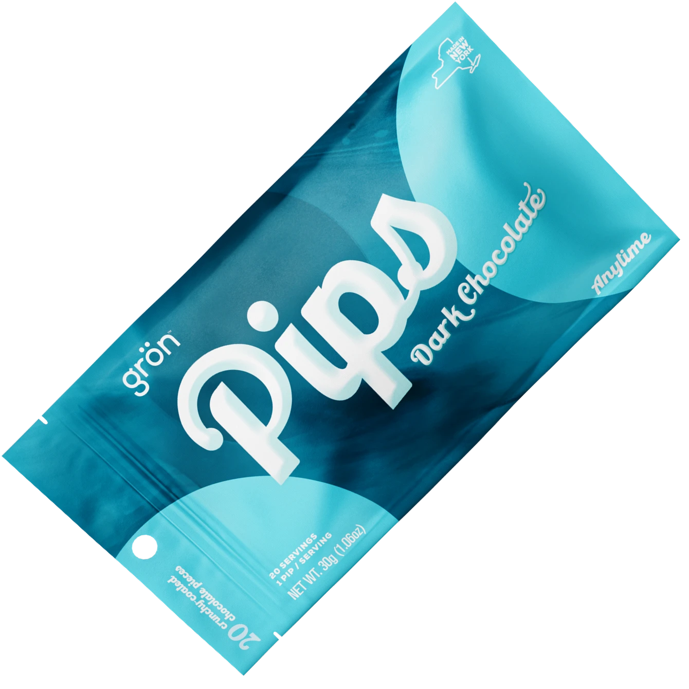 Blue package of Grön Pip dark chocolate with 20 crunchy-coated chocolate pieces, made in New York.