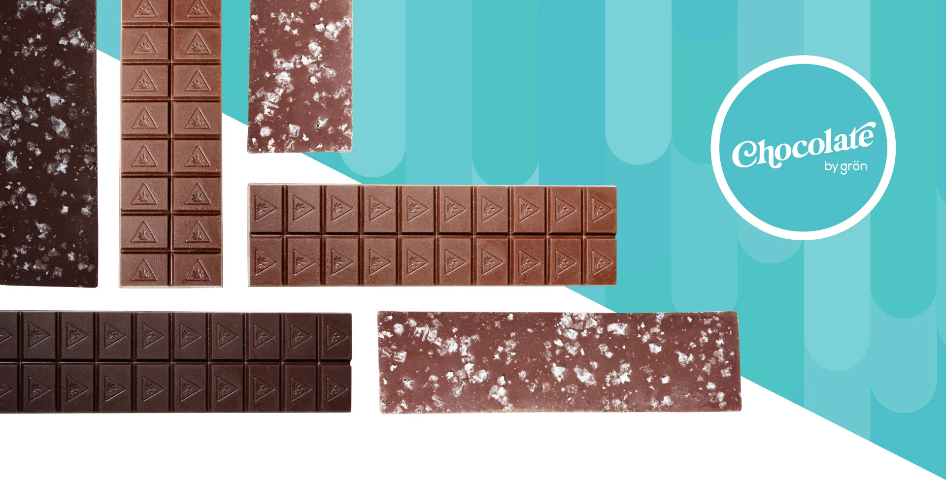 Five chocolate bars, some with salt flakes, arranged on a white and teal background with a circular logo reading 'Chocolate by grön'.
