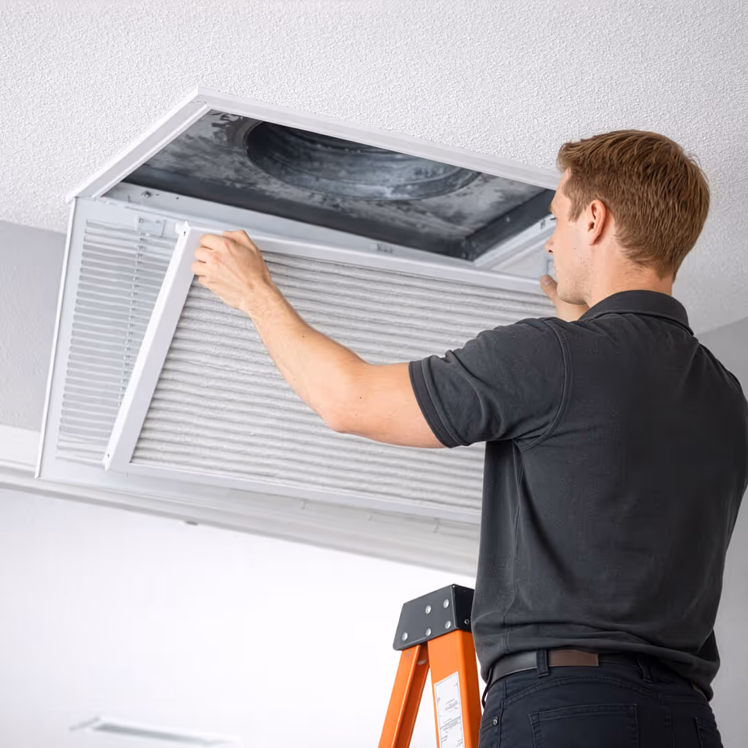 A man standing on a ladder removes an air filter from a ceiling vent for maintenance.