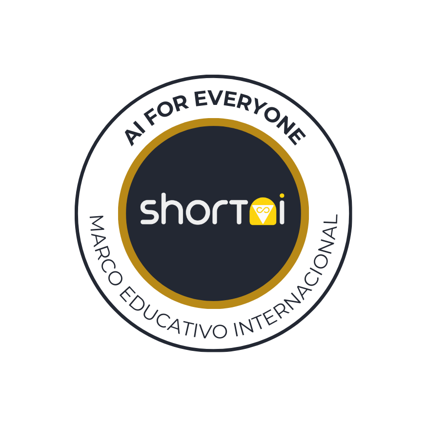 Logotipo de Shortai con texto AI para todos y marco educativo internacional en círculo.