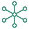Icon of a central circle connected to six surrounding smaller circles by lines, representing a network or connection.