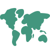 Simplified green world map icon showing continents.