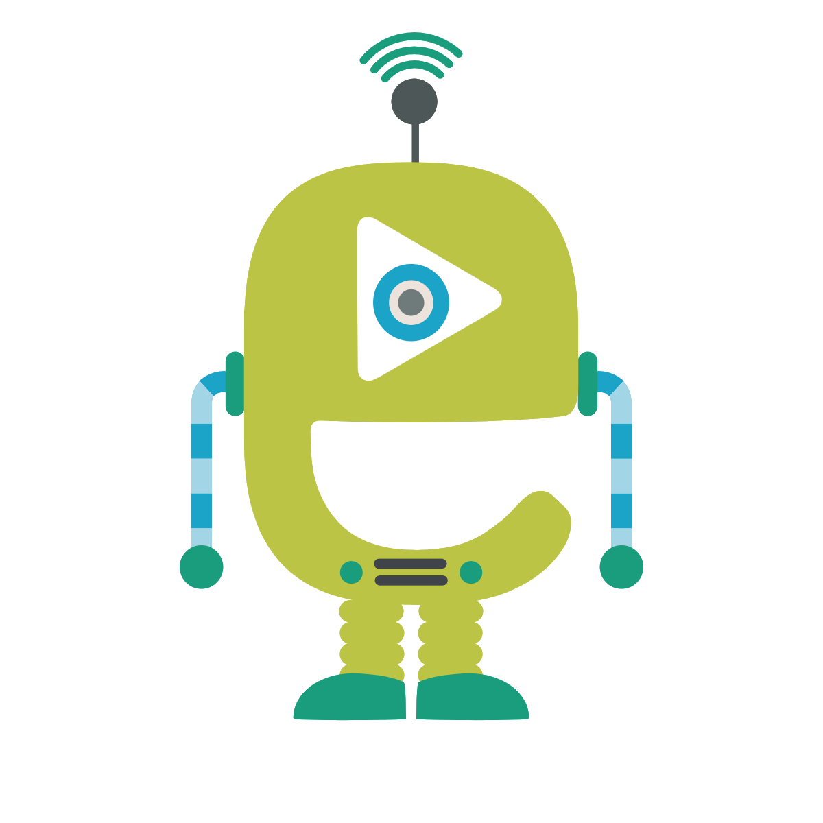 Green cartoon robot with a play button eye, antenna with signal waves, striped arms, and spring-like legs.